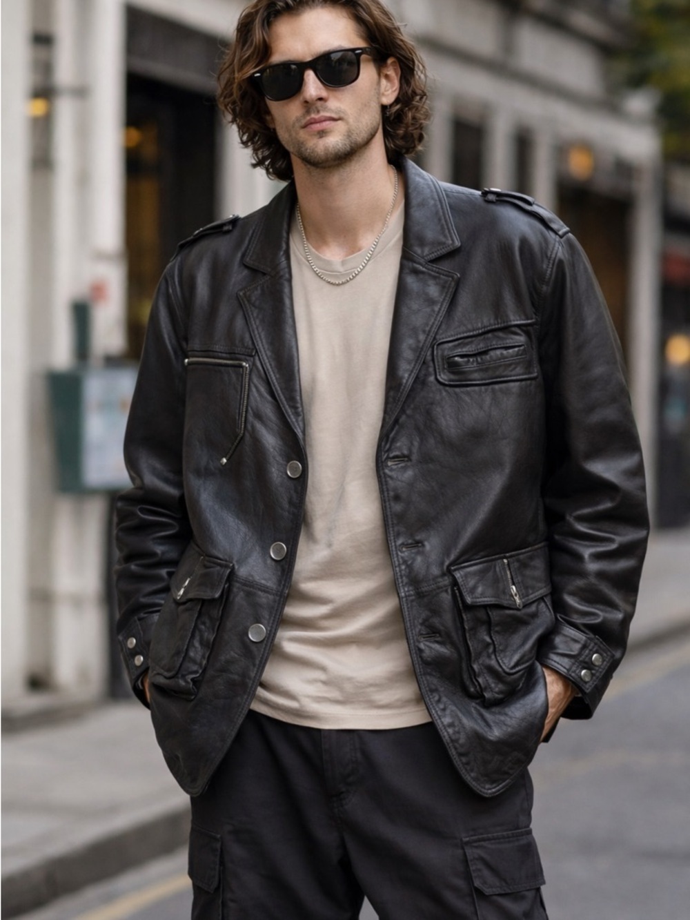 Genuine Leather Blazer Jacket Mens XXL Black Utility Designer Style